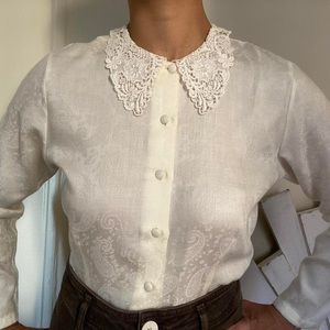 Vintage White Crochet Lace Collar Long Sleeve Top
